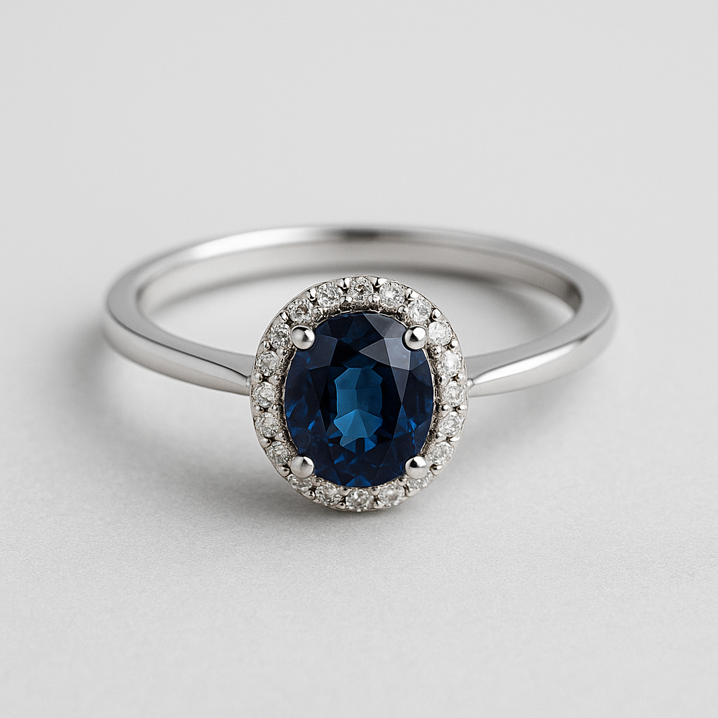 Deep Blue Sapphire & Diamond Halo Ring